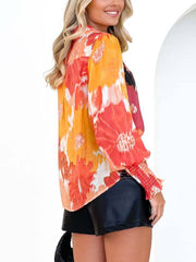 Printed V-neck Cardigan Lantern Sleeve Shirt Top