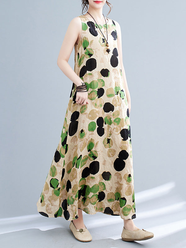 Loose Sleeveless Printed Split-Joint Round-Neck Maxi Dresses