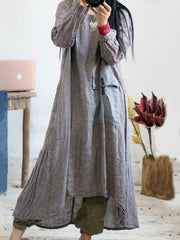 Loose Vintage Linen Plaid Round-neck Long Dress