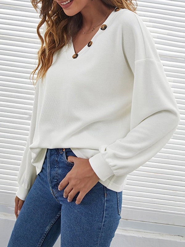 Long Sleeves Loose Buttoned V-Neck T-Shirts Tops