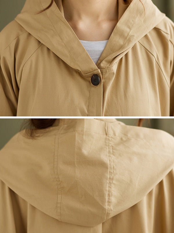 Loose Solid Color Buttoned Hooded Long Sleeves Trench Coat