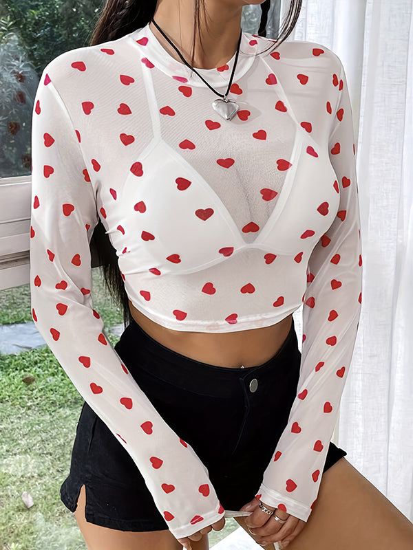 Long Sleeves Skinny Heart Print Mesh See-Through Split-Joint Round-Neck T-Shirts Tops