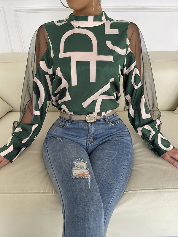 Long Sleeves Buttoned Hollow Letter Print See-Through Split-Joint Round-neck Blouses&shirts Tops Shirts Tops