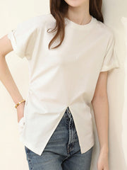 Batwing Sleeves Loose Pleated Solid Color Split-Front Split-Joint Round-Neck T-Shirts