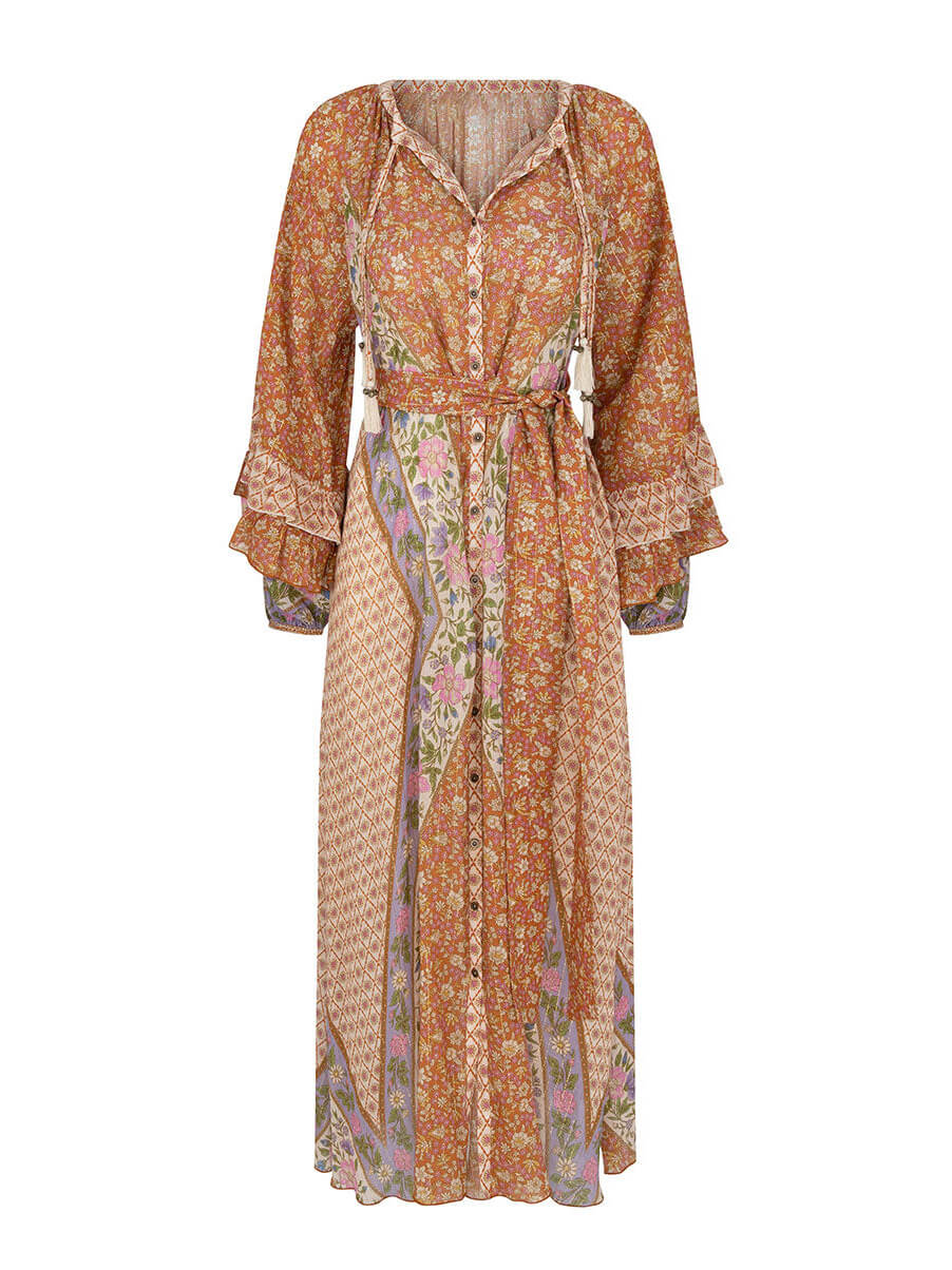 Unique Bohemian Print Long Sleeve Robe Midi Dress