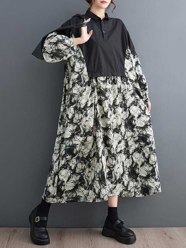 Long Sleeves Loose Buttoned Printed Split-Joint Lapel Midi Dresses