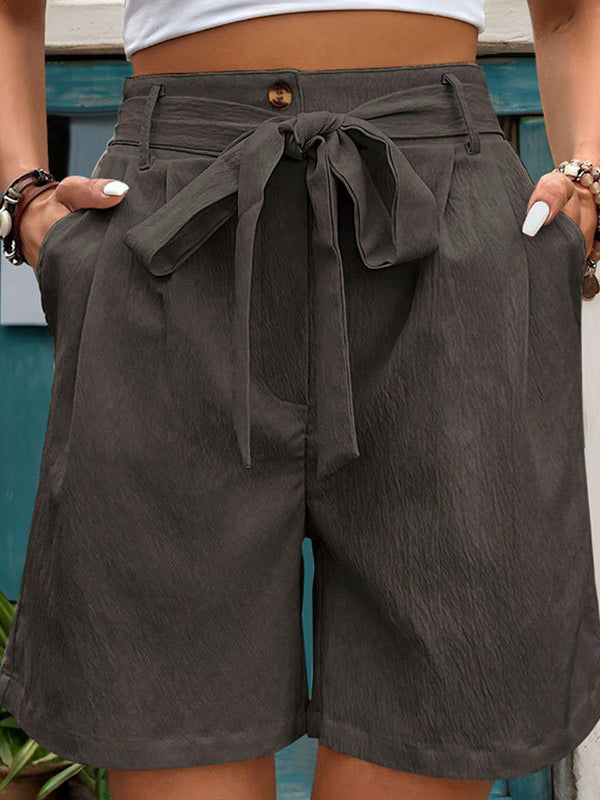 High Waisted Loose Buttoned Elasticity Pleated Pockets Tied Waist Shorts Bottoms