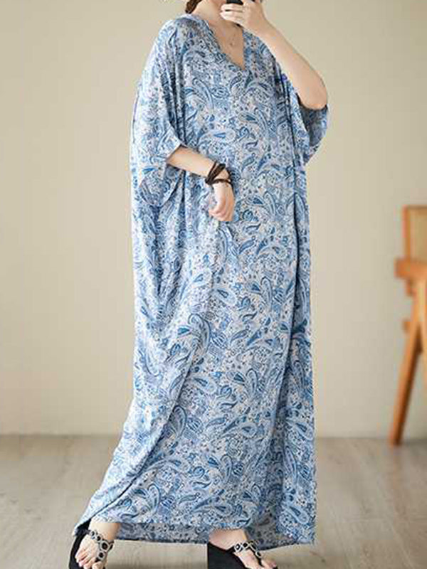 Batwing Sleeves Loose Printed V-Neck Maxi Dresses