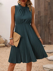 Loose Sleeveless Pleated Solid Color Split-Joint Mock Neck Midi Dresses