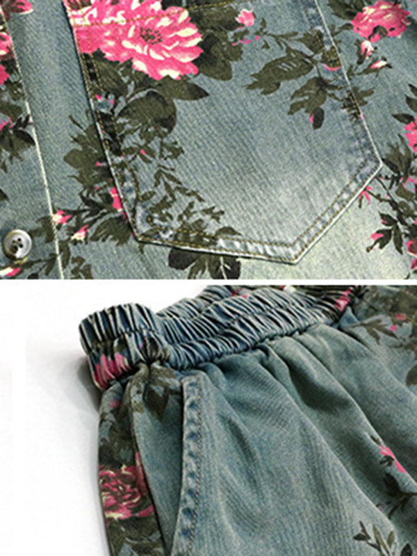 Loose Wide Leg Elasticity Floral Printed Split-Joint Shorts Bottoms