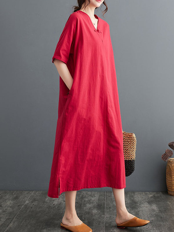 A-Line Loose Chinese Frog Buttons Pockets Solid Color Split-Side V-Neck Midi Dresses