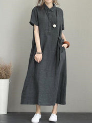 Original Cotton-Blend Lapel Solid Color Dress