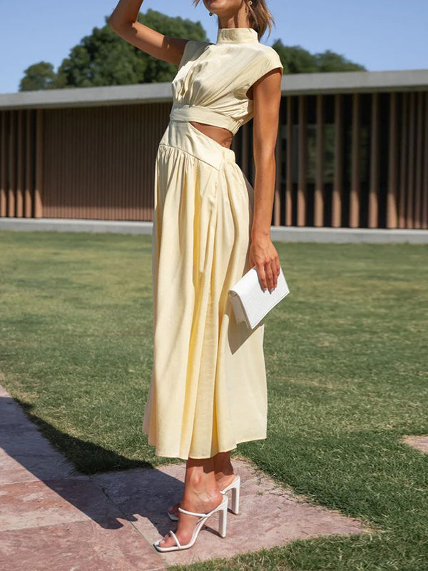 Cap Sleeve Belly-Hollow Pleated Solid Color Stand Collar Maxi Dresses