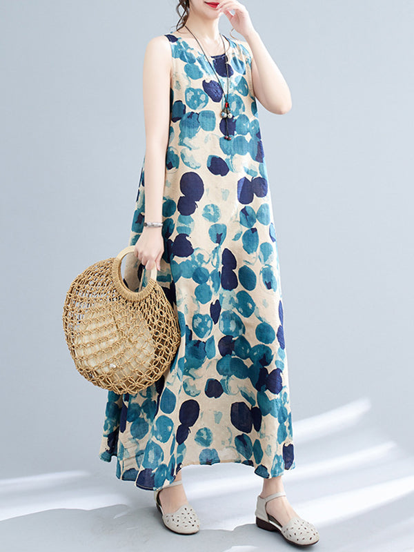 Loose Sleeveless Polka-Dot Round-Neck Maxi Dresses