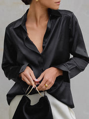 Long Sleeves Loose Solid Color Split-Joint Lapel Blouses