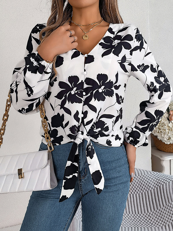 Long Sleeves Loose Buttoned Elasticity Flower Print Tied V-Neck Blouses&Shirts Tops