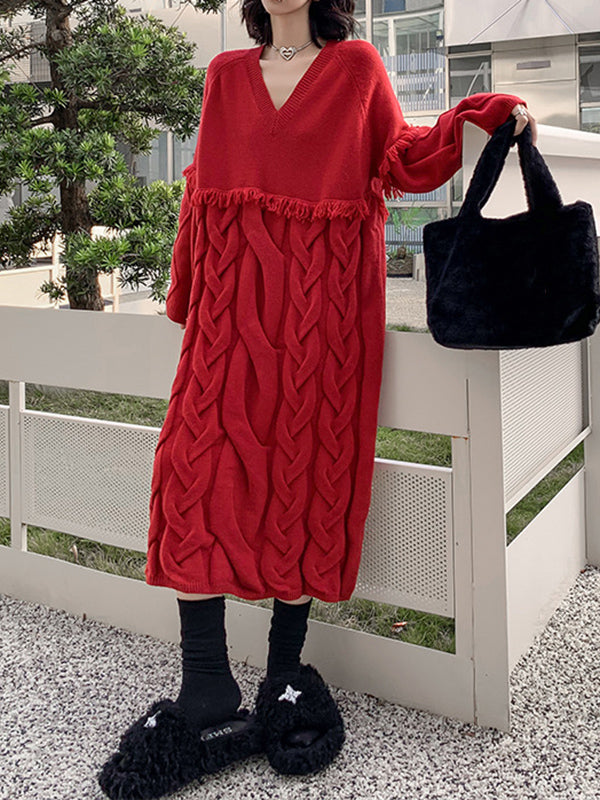 Long Sleeves Loose Solid Color Split-Joint Tasseled V-Neck Midi Dresses Sweater Dresses