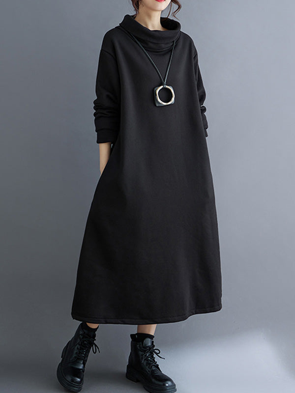 A-Line Long Sleeves Pockets Solid Color Split-Side Velvet High Neck Midi Dresses