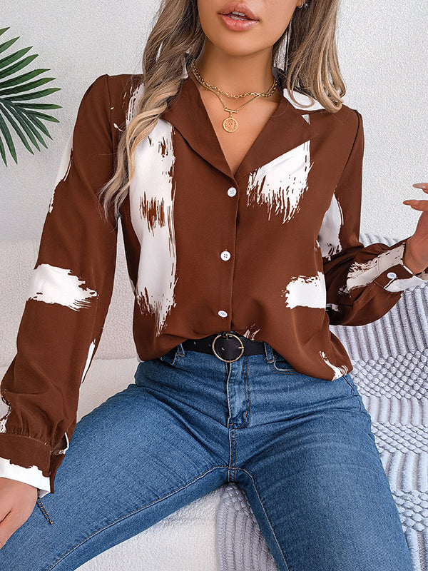 Long Sleeves Loose Buttoned Printed Notched Collar Blouses&Shirts Tops