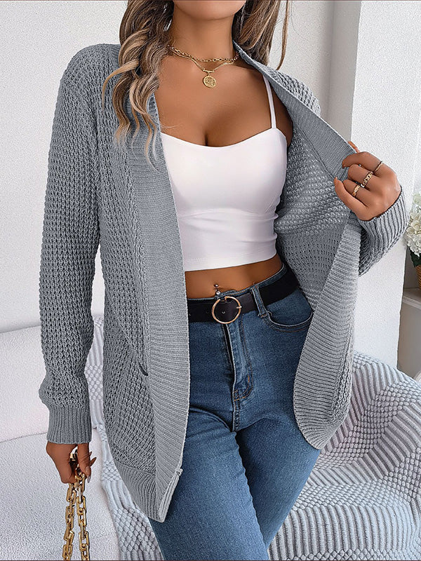 Long Sleeves Loose Pockets Solid Color Collarless Cardigan Tops