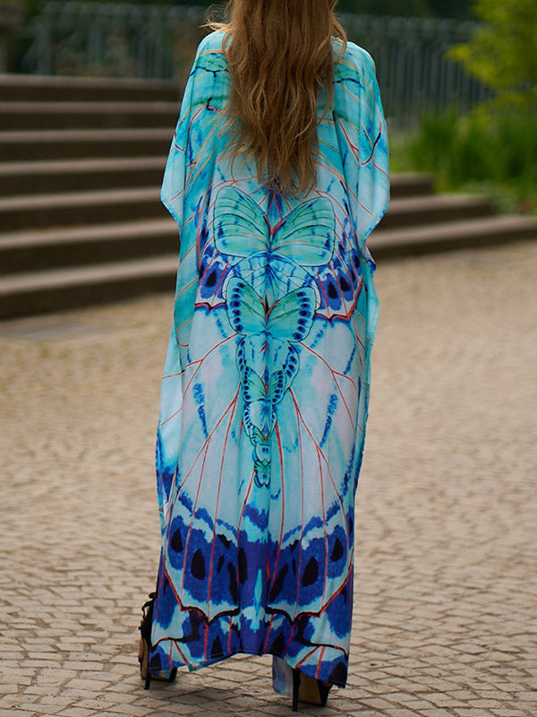 Batwing Sleeves Loose Butterfly Print Split-Side V-Neck Beach Cover-Up Maxi Dresses