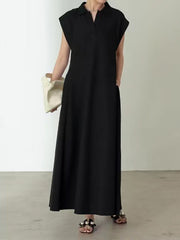 Loose Raglan Sleeve Pleated Solid Color Lapel Maxi Dresses