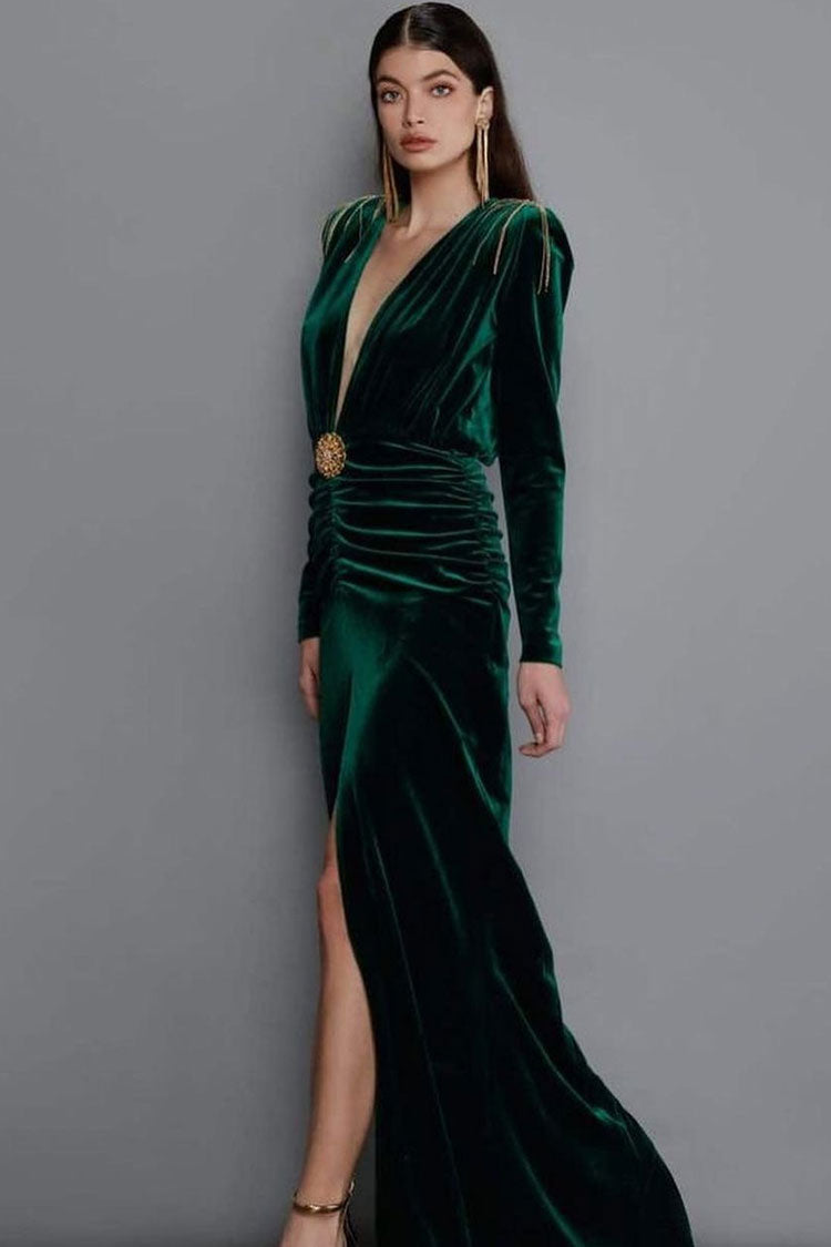 Deep V Long Sleeve Fringe Evening Maxi Dress - Emerald Green