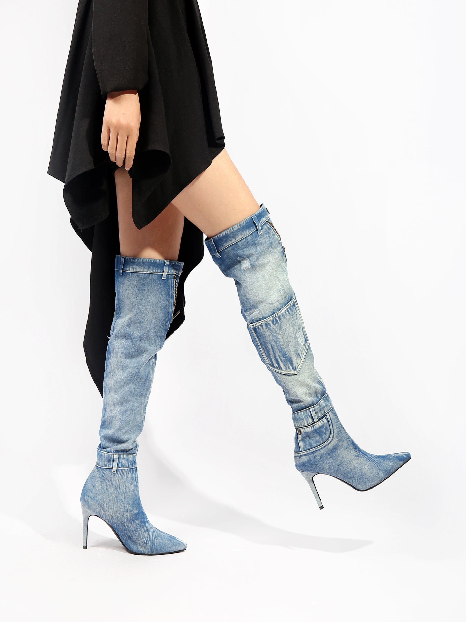 JADY ROSE | DENIM CANNES HEELED HARDWARE OVER KNEE BOOTS