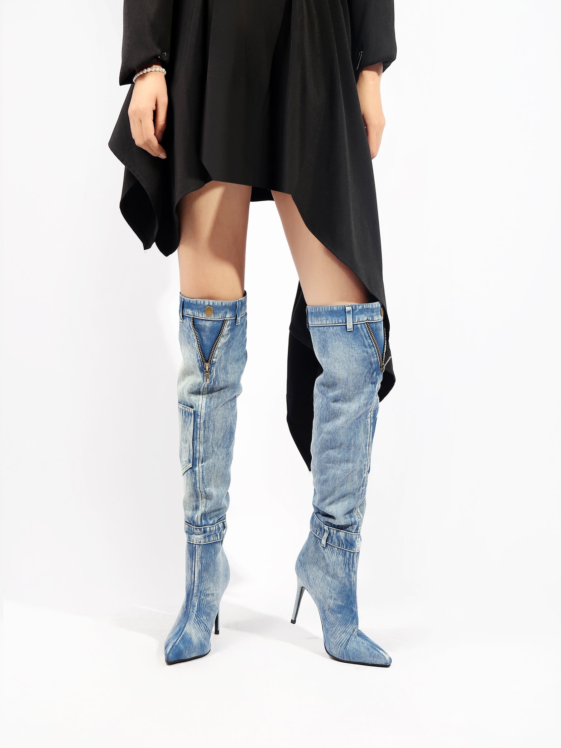 JADY ROSE | DENIM CANNES HEELED HARDWARE OVER KNEE BOOTS