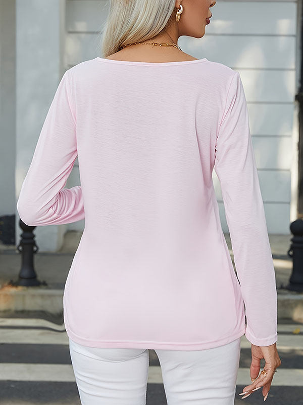 Long Sleeves Loose Asymmetric Buttoned Split-Joint Round-Neck T-Shirts Tops