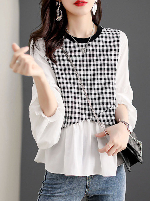 Long Sleeves Loose Elasticity Plaid Split-Joint Round-Neck T-Shirts Tops