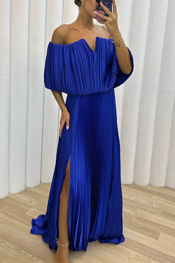 Shelley Pleated Off Shoulder Elastic Waist Slit Maxi Dress