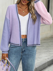 Long Sleeves Loose Contrast Color Split-Joint Collarless Cardigan Tops