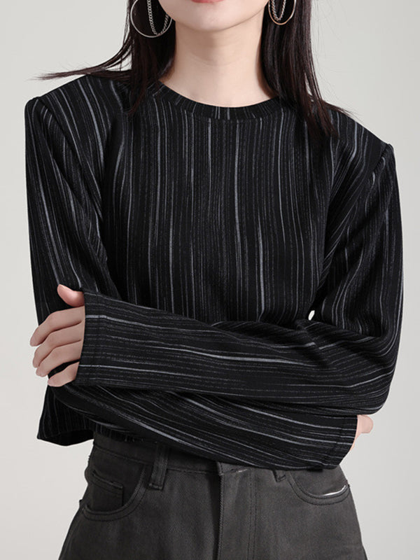 Long Sleeves Loose Shoulder Pad Striped Round-Neck T-Shirts Tops