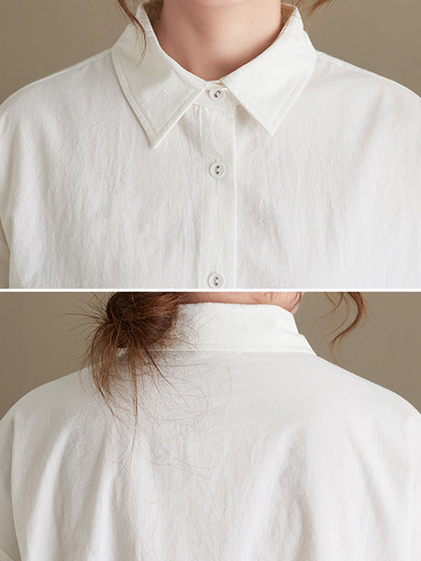 Simple Solid Buttoned Lapel Collar Long Sleeves Blouse