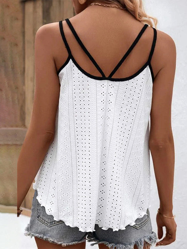 Loose Sleeveless Contrast Color Hollow Split-Joint Spaghetti-Neck Vest Top