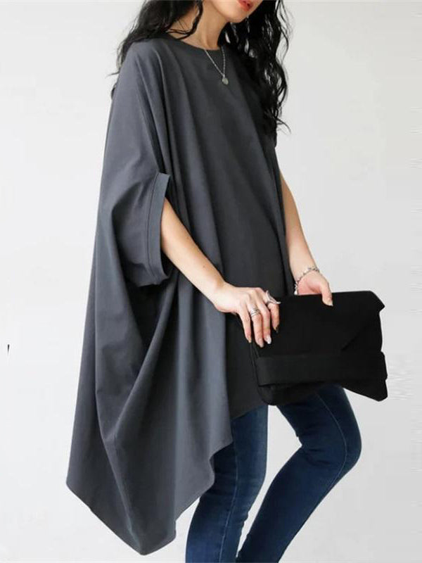 Batwing Sleeves Half Sleeves Solid Color Round-Neck T-Shirts Tops