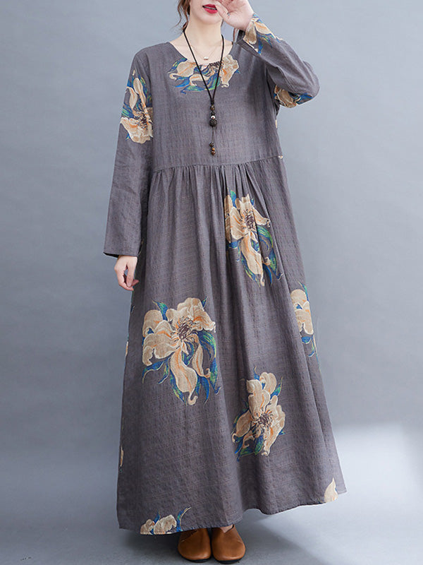 Casual Loose Pleated Flower Printed Round-Neck Long Sleeves Maxi Dress