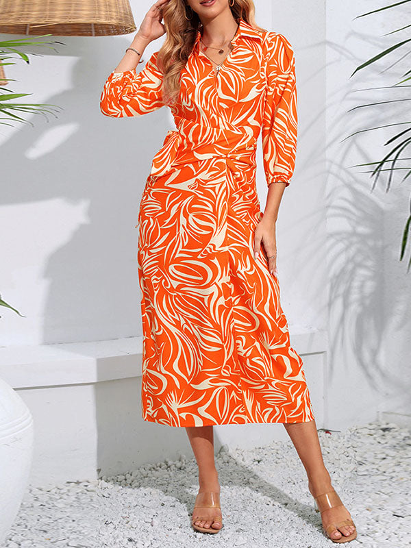 A-Line High Waisted Elasticity Printed Tied Waist Lapel Midi Dresses Shirt Dress