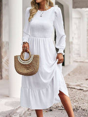 Long Sleeve High Waist Casual Smocked Tiered Dresses