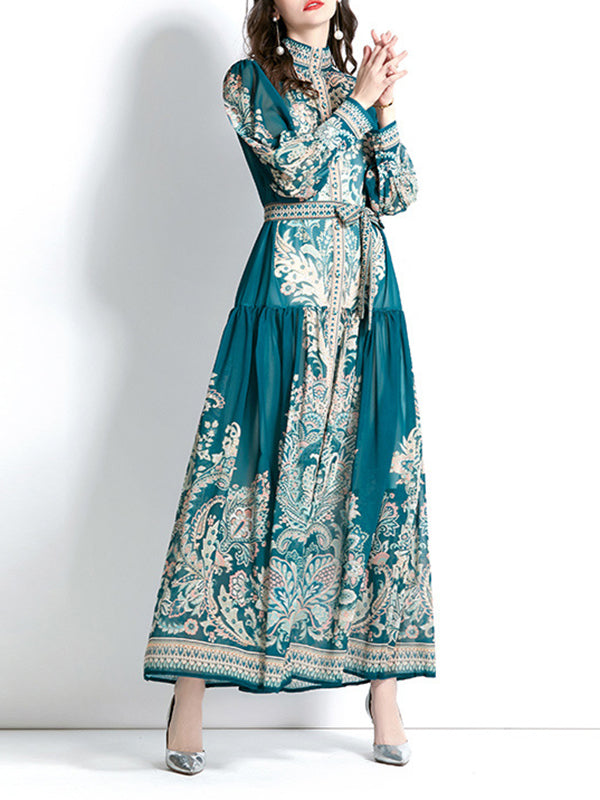 A-line Puff Sleeves Printed See-Through Tied Waist Stand Collar Maxi Dresses