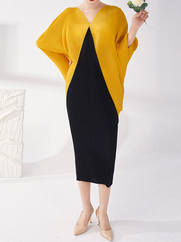 Batwing Sleeves Loose Contrast Color Pleated Round-Neck Midi Dresses