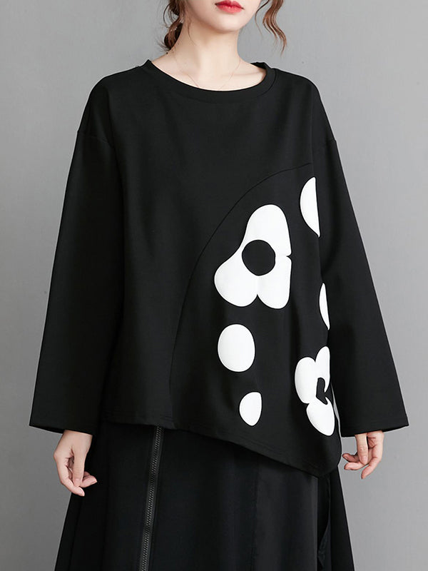 Original Loose Flower Printed Round-Neck Long Sleeves T-Shirt Top