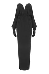 Diva Deep V Bustier Draped Off Shoulder Full Opera Glove Jersey Evening Maxi Dress