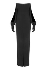 Diva Deep V Bustier Draped Off Shoulder Full Opera Glove Jersey Evening Maxi Dress