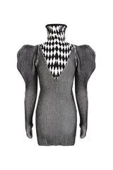 Drama Argyle Rib Knit Turtleneck Puff Sleeve Bodycon Party Mini Dress