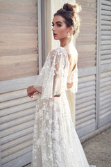 Dreamy Backless Flutter Sleeve Floral Embroidered Wedding Dress - White