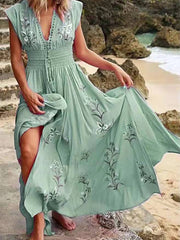 V Neck Beach Boho Print Dress