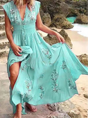 V Neck Beach Boho Print Dress