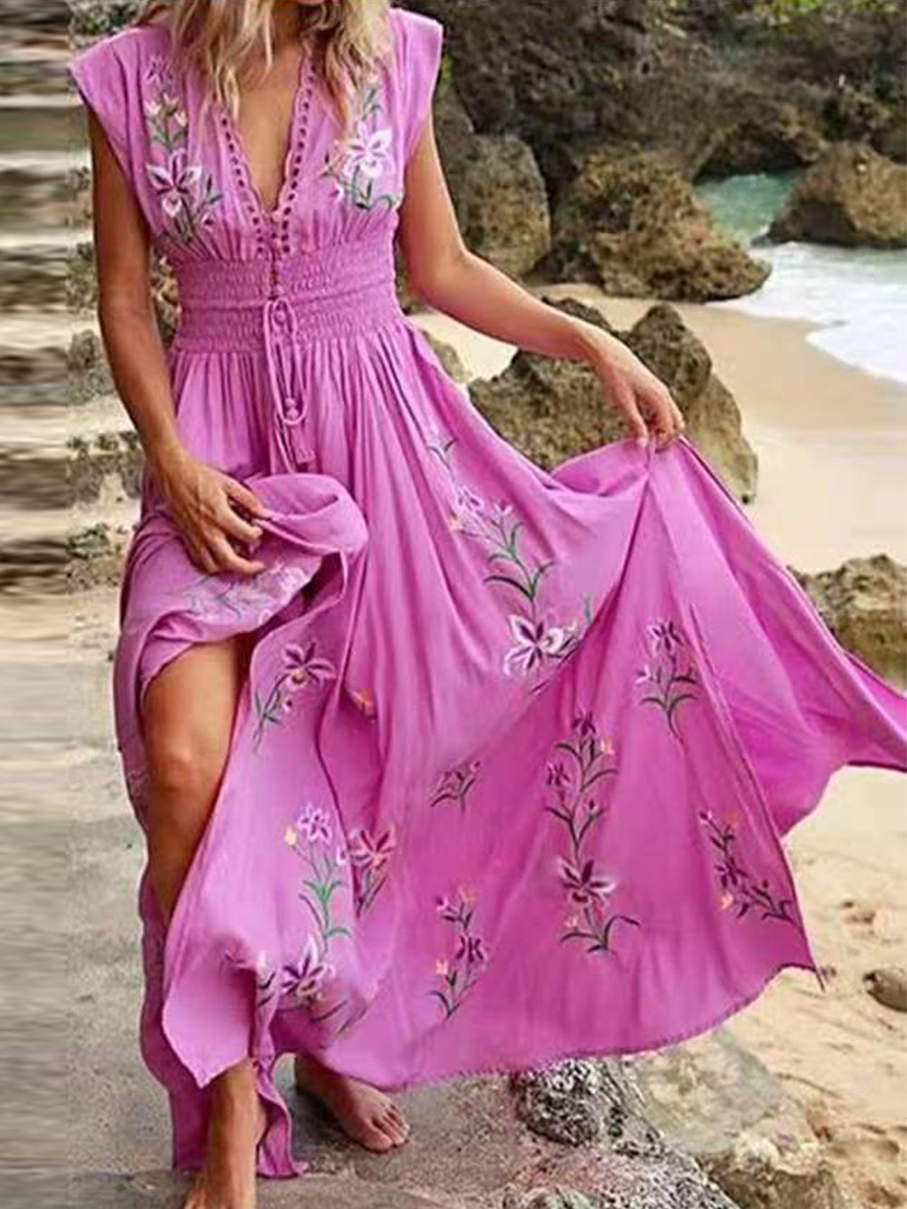 V Neck Beach Boho Print Dress